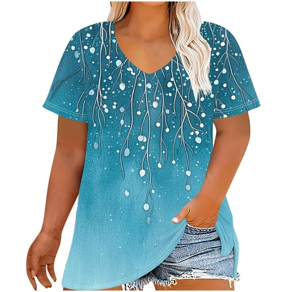 Women's Plus Shirt Floral Tunic Tops V-Neck T-Shirt Short Sleeve Blouses Cute Summer Tees With Curved Hem 2025 Trendy Casual Tshirt Vacation Garment