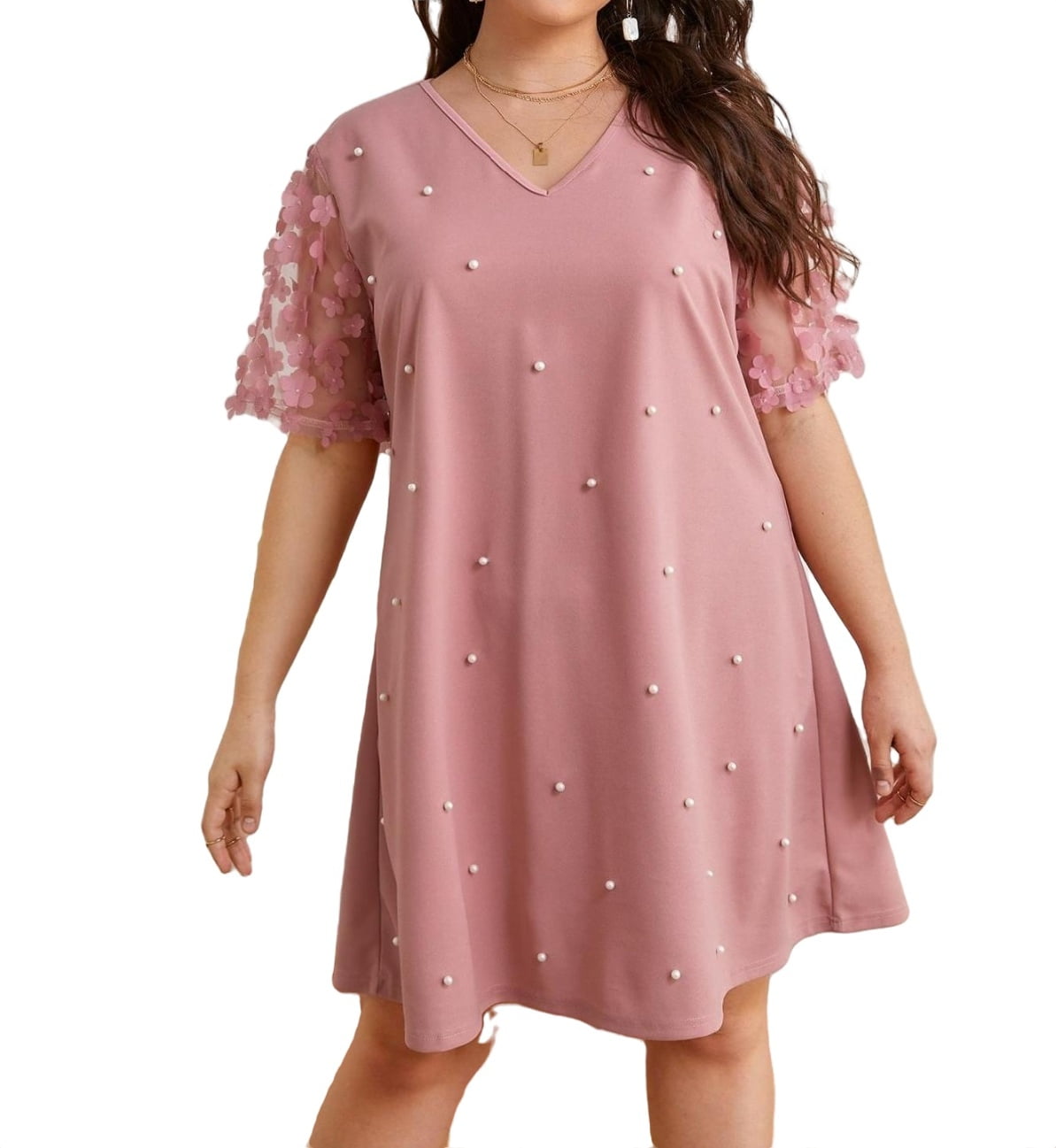 Women s Plus Short Mesh Sleeve Pearls D cor V Neck Tunic Dress 3XL