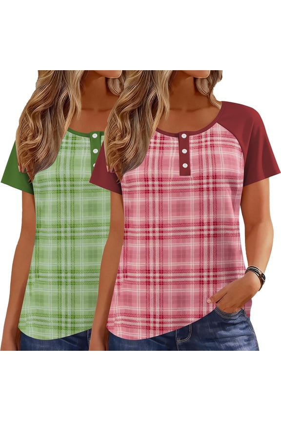 Women's Plus Short Sleeve Plaid Henley T-Shirts Summer Round Neck Button Front Blouses Raglan Color Block Loose Fit Tunics Soft Stretch Milk Silk Curved Hem Top Clothes