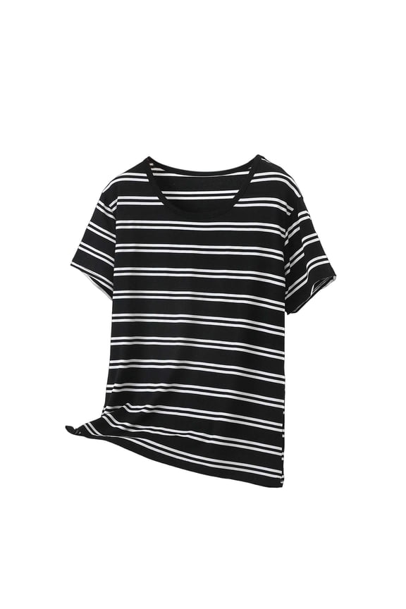 Women's Plus Short Sleeve Striped T-Shirts Scoop Neck Soft Stretch Modal Blend Summer Tops, Loose Fit Tunic Pullover Casual Basic 2026 Fashion Tee for Leggings