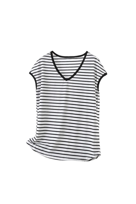 Women's Plus Short Sleeve Striped Tunic Tops V Neck Summer T Shirts Loose Fit Casual Soft Modal Blend Blouse Side Split Curved Hem Lightweight Basic Tee Clothes