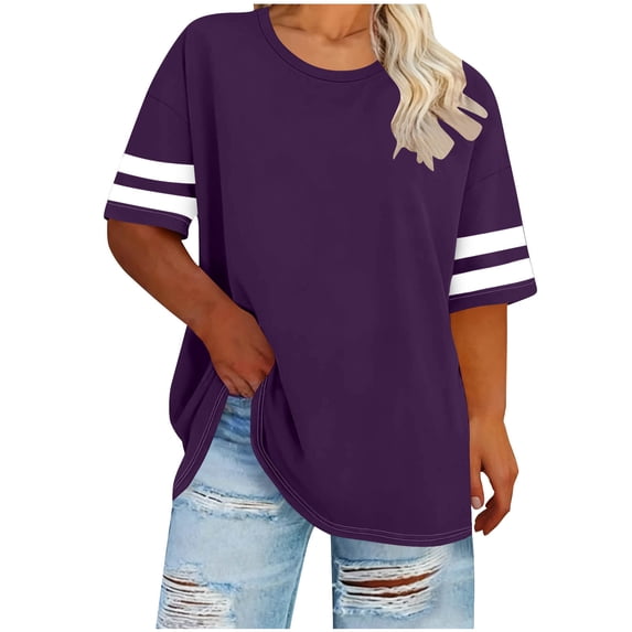 Women's Plus Short Sleeve Tunic T-Shirt Loose Fit Top Striped Sporty Crewneck Summer 2026 Fashion Clothes Soft Stretch Jersey Curved Hem Tee for Leggings Daily Wear