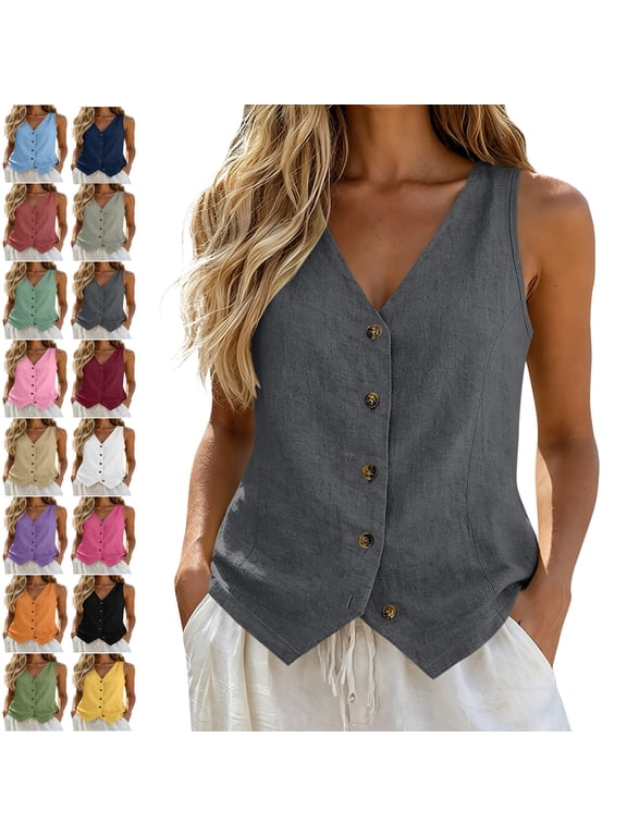 Women's Plus Size Cotton Linen Vest, Sleeveless V-Neck Button-Down Waistcoat with Textured Fabric