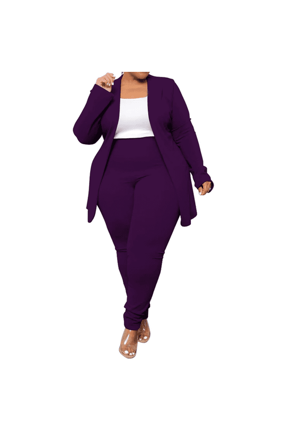 Women's Plus Size 2 Piece Open Front Blazer & Elastic Waist Pant Set Long Sleeve Solid Business Casual Suit Work Party