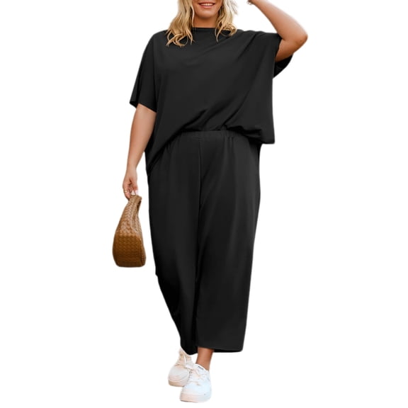 Women's Plus Size 2 Piece Outfits Casual Top and Wide Leg Pants Loose Pants Lounge Set