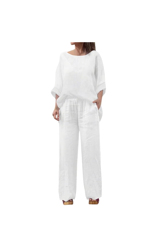 Women's Plus Size 2 Piece Outfits Crew Neck Pullover Tops Straight Leg Elastic Waist Pockets Pants Loose Casual Sets (S, White)
