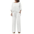 thumbnail image 1 of Women's Plus Size 2 Piece Outfits Crew Neck Pullover Tops Straight Leg Elastic Waist Pockets Pants Loose Casual Sets (XL, White), 1 of 5