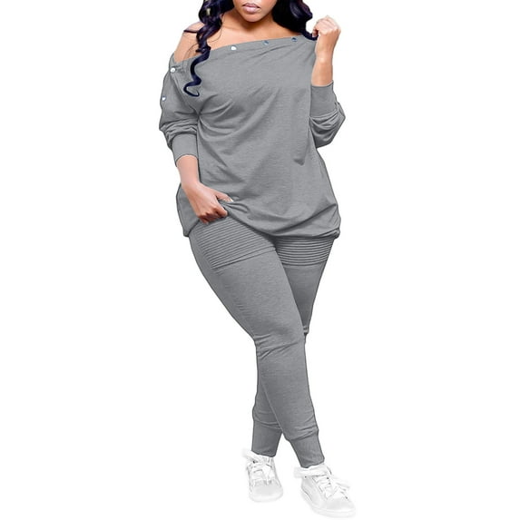 Women's Plus Size 2 Piece Outfits Long Sleeve Button Loose Off Shoulder Top and Pleated Slim Fit Joggers Pant Sets (2XL, Gray)