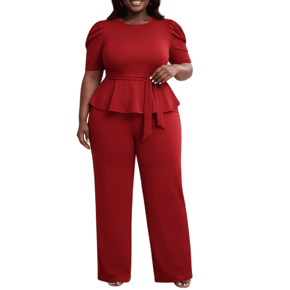 Women's Plus Size 2 Piece Outfits Peplum Top with Belt and Wide Leg Pants Set Elegant Short Sleeve Business Casual Pant Suit