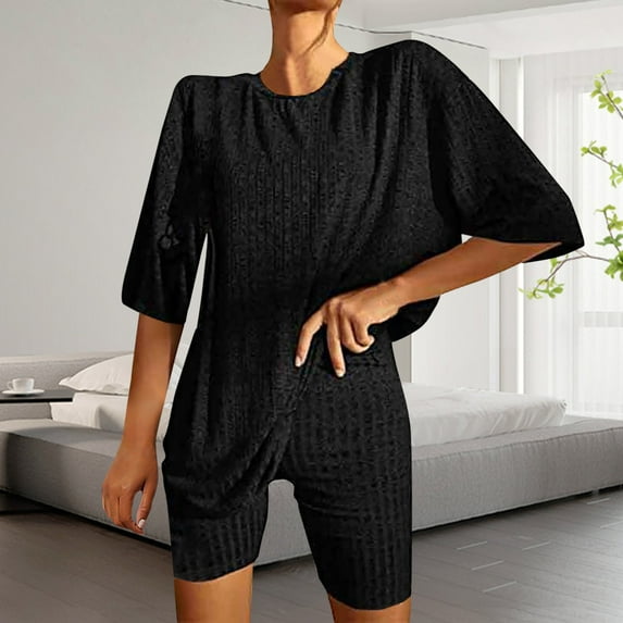 Women's Plus Size 2 Piece Outfits Ribbed Knit Matching Outfits T Shirt Shorts Sets Tracksuits Sexy plus Size Bathing Suit Compression Shorts Suit Womens Board Shorts Knee Length Swim Shorts for Women