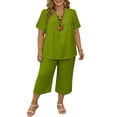 thumbnail image 1 of Women's Plus Size 2 Piece Outfits Short Sleeve V Neck Pullover Top Wide Leg Pants Lounge Set 2026 Green XL, 1 of 2