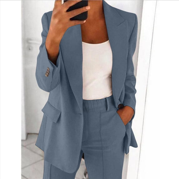 Women's Plus Size 2 Piece Outfits Solid Long Sleeve Tops Cardigan Blazer Pockets Elastic Waist Long Pants Suit Sets