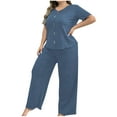 thumbnail image 1 of Women's Plus Size 2 Piece Pajama Lounge Sets Outfits Short Sleeve V Neck Tops Wide Leg Pants with Pockets, 1 of 5