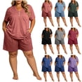 thumbnail image 1 of Women's Plus Size 2 Piece Pajama Sets, V-Neck Short Sleeve Top & Drawstring Pocket Elastic Shorts, Oversized Solid Casual Home Outfit | TruHer,Pink XL, 1 of 7