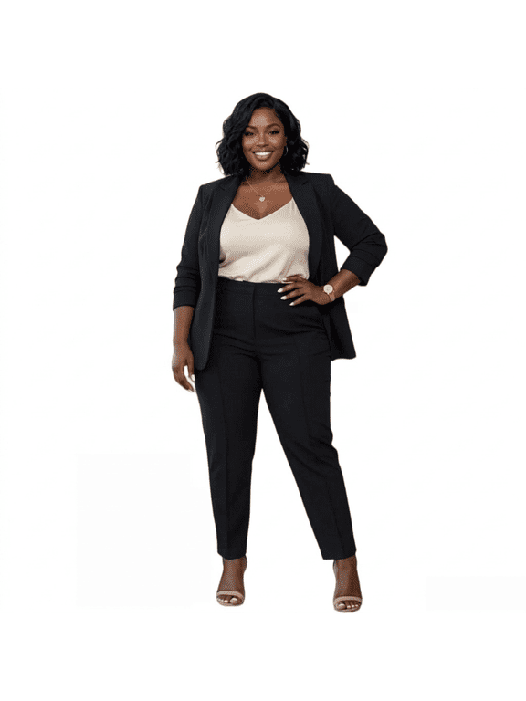 Women's Plus Size 2-Piece Pant Suit Elegant Open Front Blazer Jacket and High Waist Trousers Set Business Casual Work Outfits
