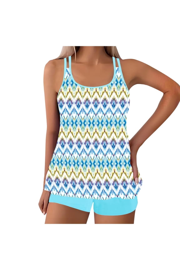Women's Plus Size 2 Piece Printed Bikini Swimsuit Set, Bathing Suit with Tankini Top & Boy Shorts, Modest Swimsuit Outfit with Shimmer Coverage