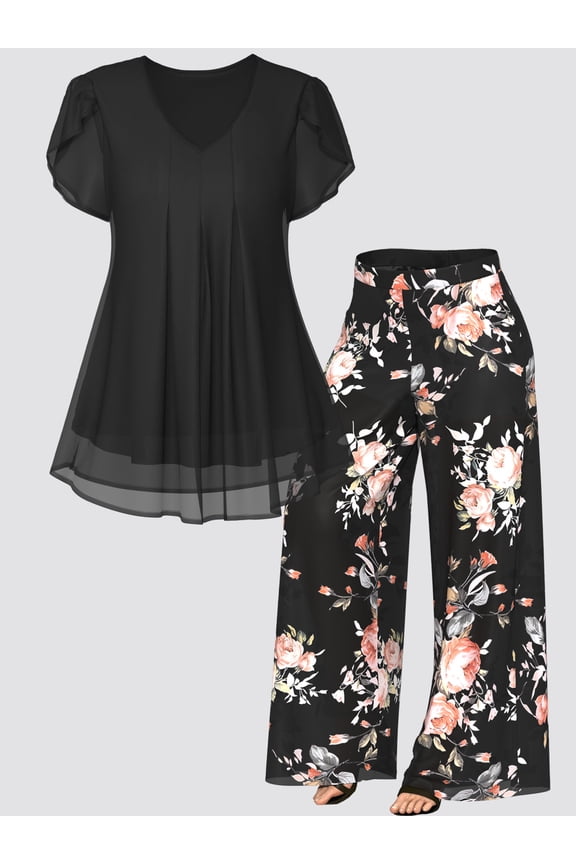 Women's Plus Size 2-Piece Set Loose Fit Swing Tunic Tops & High Waisted Wide Leg Yoga Pants Tummy Control Workout Flare Leggings
