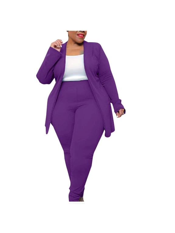 Women's Plus Size 2 Piece Sets, Lightweight Open Front Cardigan and High Waisted Pants Dressy Business Casual Outfits