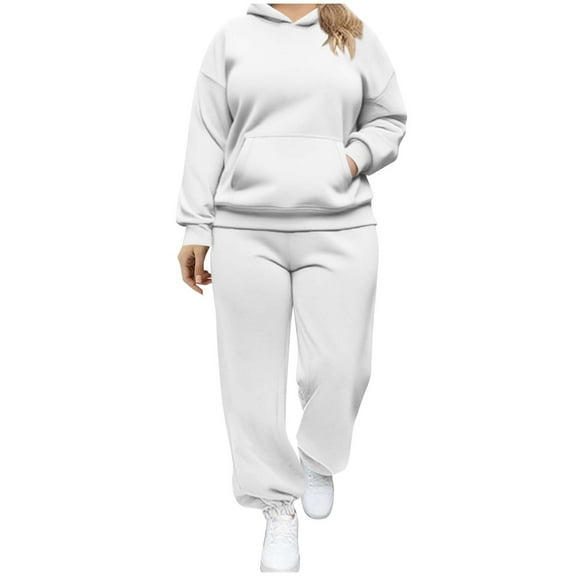 Women's Plus Size 2 Piece Sets, Long Sleeve Pullover Hoodie and Jogger Pants with Pocket Cotton Sweatsuits Outfits (XL, White)