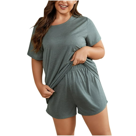 Women's Plus Size 2 Piece Sets Summer Crew Neck Loose Short Sleeved Elastic Waist Wide Leg Shortsuit Casual Outfit Sets