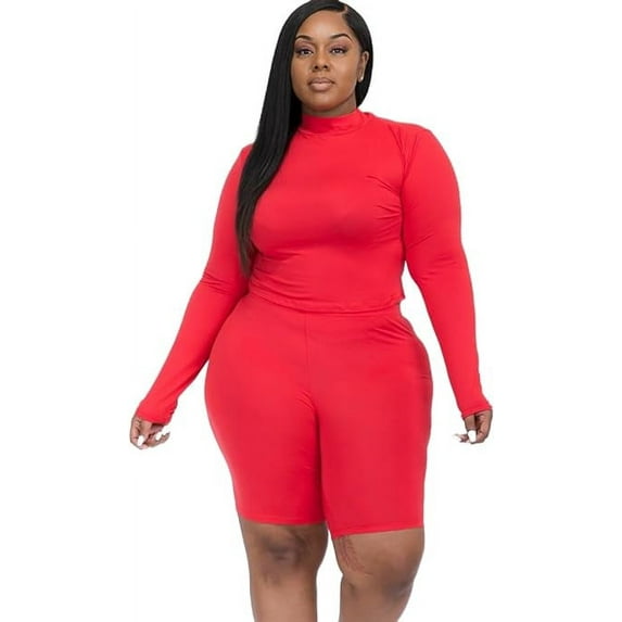 Women’s Plus Size 2 Piece Sports Outfit Mock Neck Top and Biker Shorts Jogger Bodycon Sets