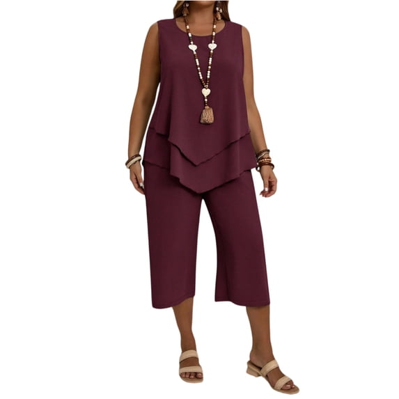 Women's Plus Size 2 Piece Summer Outfits Crew Neck Tank Top Tunic Shirt and Capri Pants Set Casual Sportswear 2026 Wine 3XL