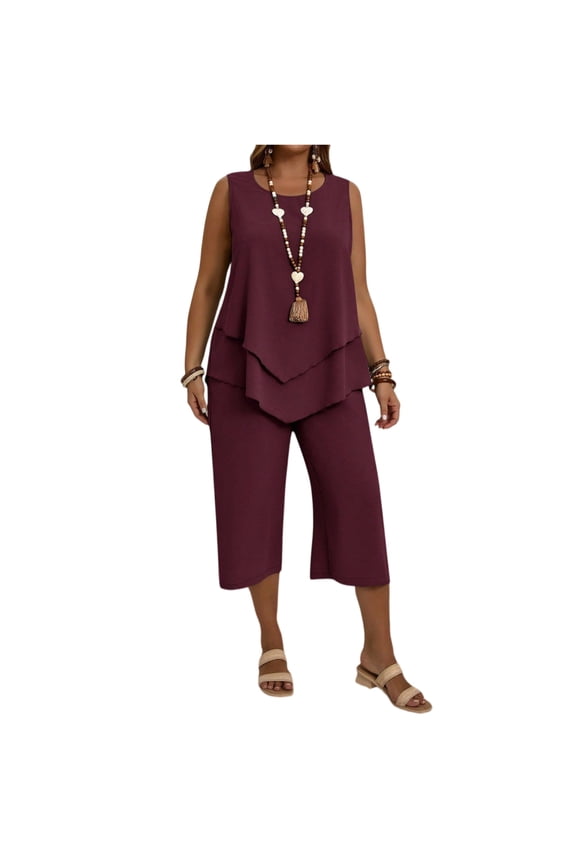 Women's Plus Size 2 Piece Summer Outfits Crew Neck Tank Top Tunic Shirt and Capri Pants Set Casual Sportswear 2026 Wine XL