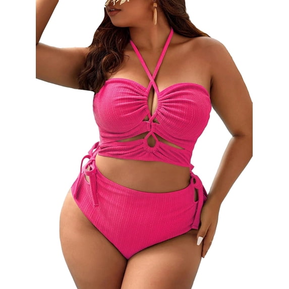 Women's Plus Size 2 Piece Swimsuit High Waisted Drawstring Halter Bikini Sets Bathing Suits