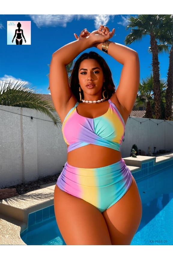 Women's Plus Size 2-Piece Swimsuit High Waisted Twist Front Bikini Set Tropical Print
