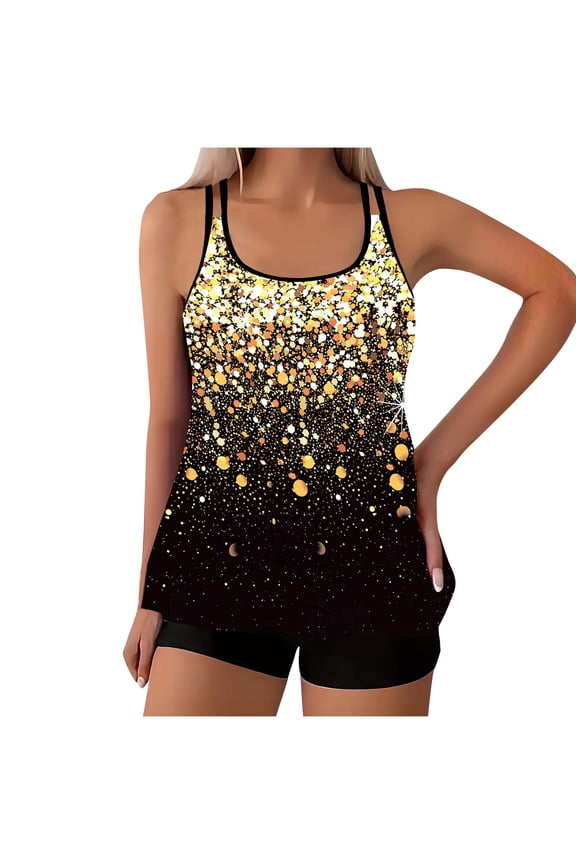 Women's Plus Size 2 Piece Swimsuit Set, Sequin-Sparkle Bikini Bathing Suit with Tankini Top & Boy Shorts, Modest Swimsuit Outfit with Shimmer Coverage