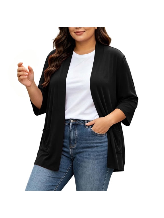 Women's Plus Size 2026 Summer Lightweight Open Front 3/4 Sleeve Knit Cardigan Jacket with Deep Side Pockets, Resists Stretching Keeps Shape Casual Layer for Weddings Brunches Date Nights Black