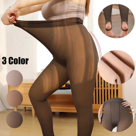 Women's Plus Size 220g Fleece Lined Pantyhose, Faux Sheer Thermal Tights for Winter, Opaque Warm Leggings with Tummy Control, Body Shaping Cold Weather Stockings-Black