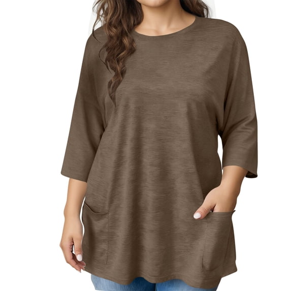 Women's Plus Size 3/4 Length Sleeve Round Neck Tee Shirt with Pockets Casual Spring Summer Basic Solid Loose Tunic Tops
