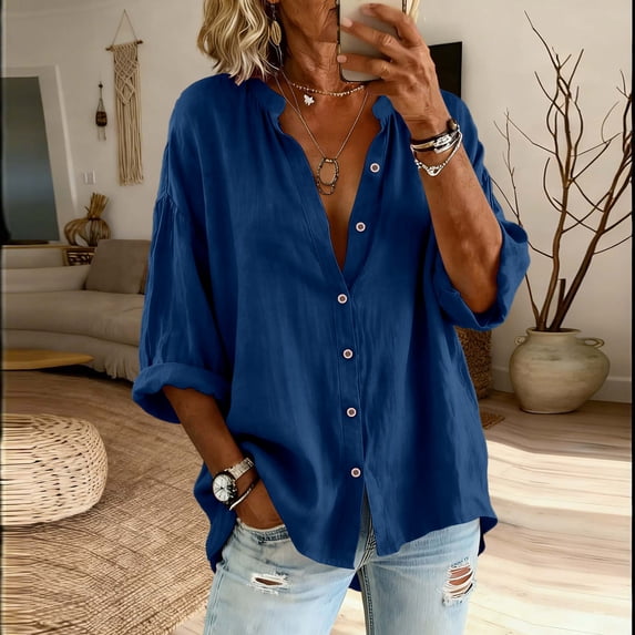 Women's Plus Size 3/4 Sleeve Linen V Neck Button Shirt Blouse Tunic Tops Loose Fit Work Blouses For Women