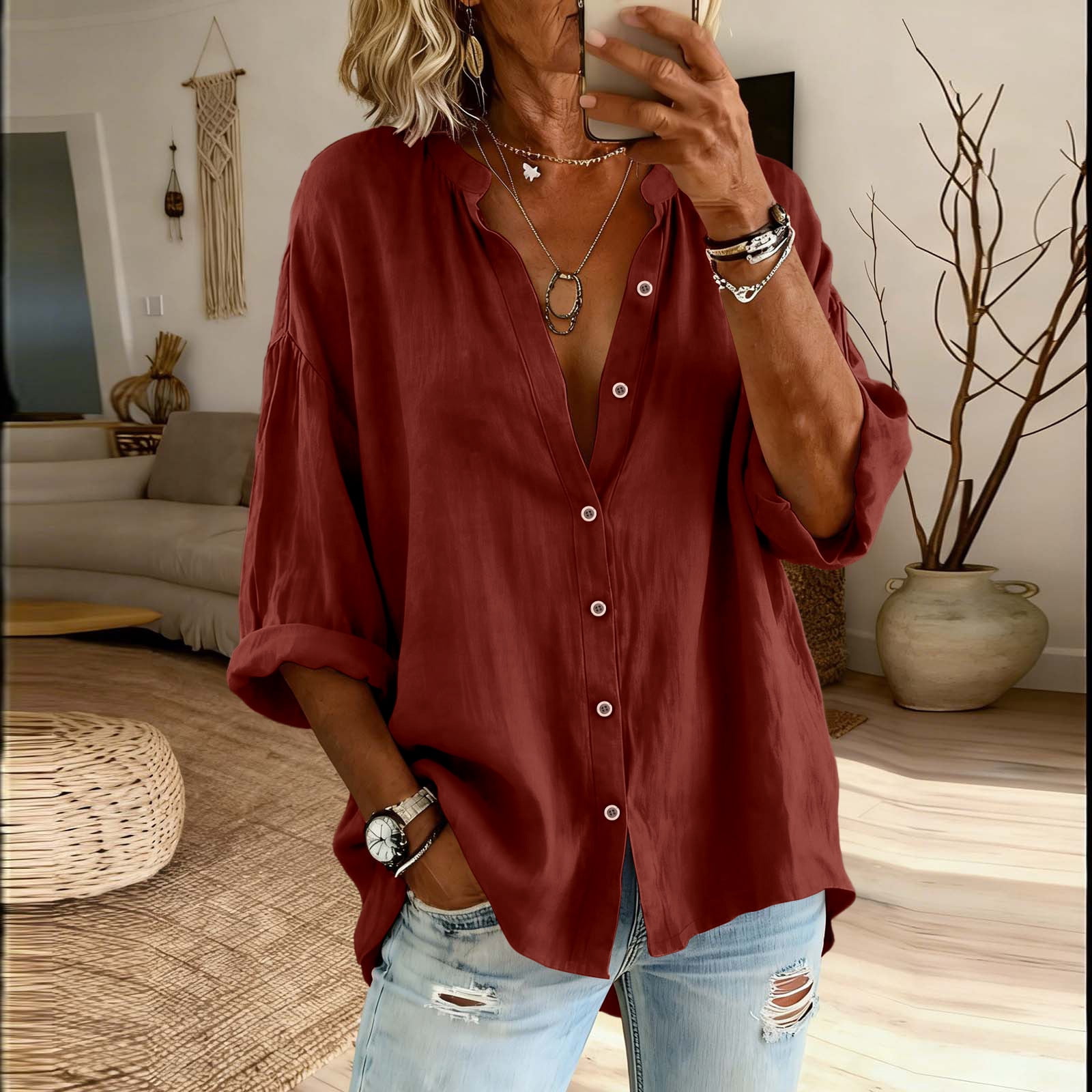 Women's Plus Size 3/4 Sleeve Linen V Neck Button Shirt Blouse Tunic ...