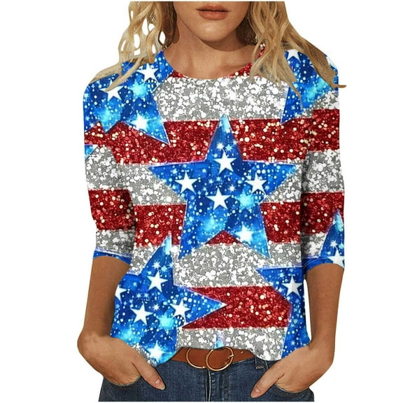 Women's Plus Size 3/4 Sleeve Shirts 4th of July Sequins American Flag Tunic Tops Fashion Casual Crewneck T-Shirts Glitter Stars Stripes Tees Memorial Day Patriotic Blouse Independence Day Outfits