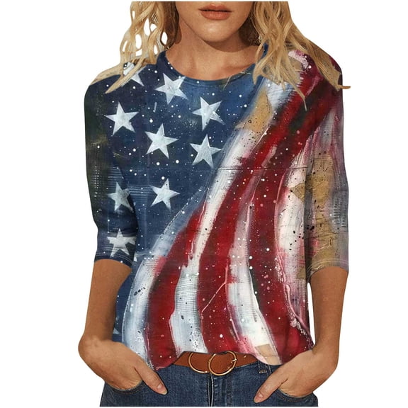 Women's Plus Size 3/4 Sleeve Shirts 4th of July Sequins American Flag Tunic Tops Fashion Casual Crewneck T-Shirts Glitter Stars Stripes Tees Memorial Day Patriotic Blouse Independence Day Outfits