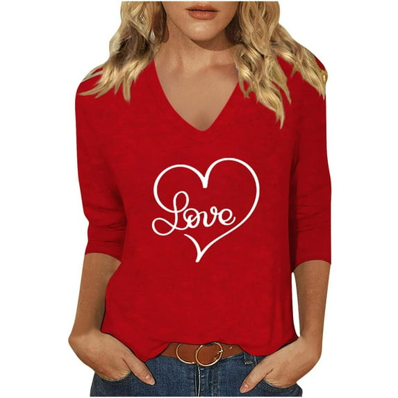 Women's Plus Size 3/4 Sleeve T-Shirts with Prints Loose Fit Casual V Neck Graphic Tee Tshirts for Women Trendy (M, Red|Heart)