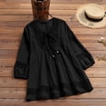 thumbnail image 1 of Women's Plus Size 3/4 Sleeve Top, Cotton Linen Blend Lace Trim Blouse, Loose Fit Casual T-Shirt for Work, Daily Wear, Vacation and Relaxed Outfits Black L, 1 of 5