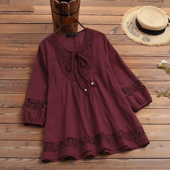 Women's Plus Size 3/4 Sleeve Top, Cotton Linen Blend Lace Trim Blouse, Loose Fit Casual T-Shirt for Work, Daily Wear, Vacation and Relaxed Outfits Red L