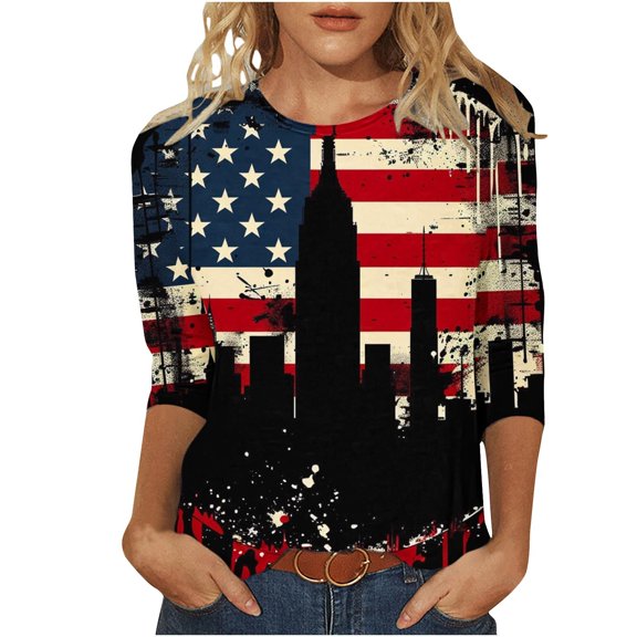 Women's Plus Size 3/4 Sleeve Tops for Independence Day Fashion American Flag Star Stripes Graphic Tee Shirts Summer Casual Dressy Crewneck T-Shirts Cute Memorial Day Patriotic Tunic Blouses