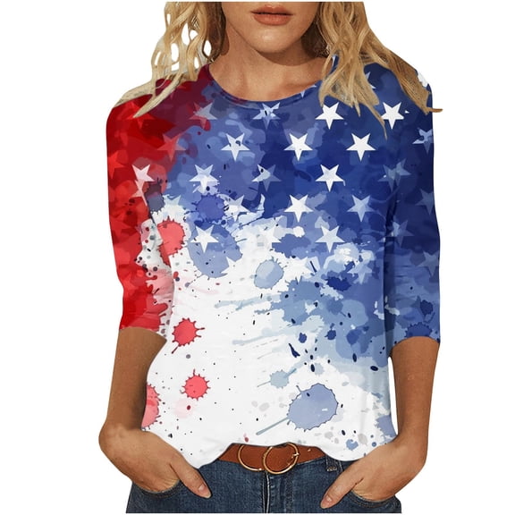 Women's Plus Size 3/4 Sleeve Tops for Independence Day Fashion American Flag Star Stripes Graphic Tee Shirts Summer Casual Dressy Crewneck T-Shirts Cute Memorial Day Patriotic Tunic Blouses