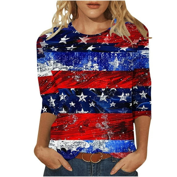 Women's Plus Size 3/4 Sleeve Tops for Independence Day Fashion American Flag Star Stripes Graphic Tee Shirts Summer Casual Dressy Crewneck T-Shirts Cute Memorial Day Patriotic Tunic Blouses