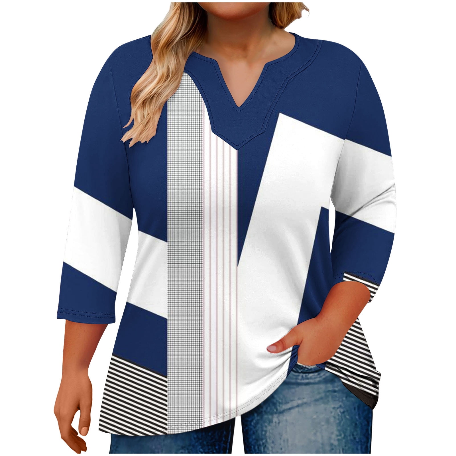 Women's Plus Size 3/4 Sleeve Tops V Neck Geometric Graphic Print Trendy ...