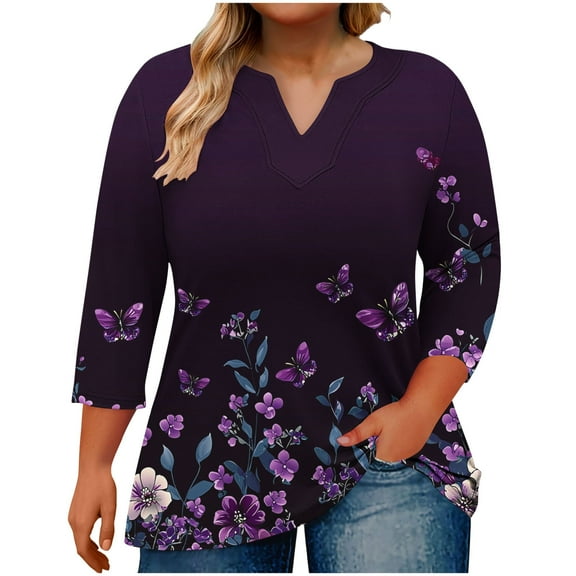 Women's Plus Size 3/4 Sleeve Tops V Neck Geometric Graphic Print Trendy Casual Tshirts Dressy Summer Fall Tees (XL, Purple)