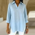 thumbnail image 1 of Women's Plus Size 3/4 Sleeve V-Neck Top, Elegant Lapel Casual Blouse with Side Slit, Loose Fit Tunic for Office Work, Everyday Wear and Casual Outfits Light Blue L, 1 of 4