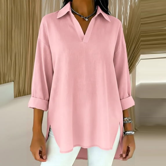 Women's Plus Size 3/4 Sleeve V-Neck Top, Elegant Lapel Casual Blouse with Side Slit, Loose Fit Tunic for Office Work, Everyday Wear and Casual Outfits Pink S