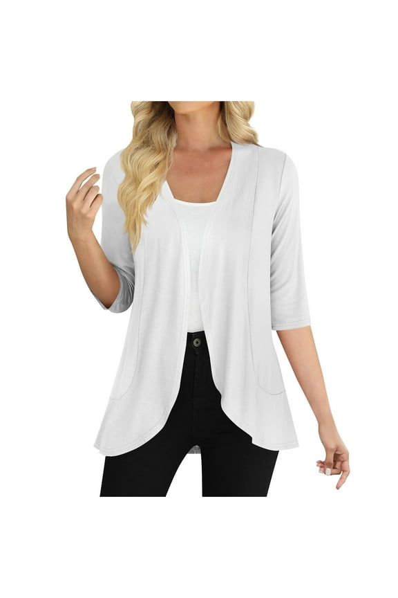 Women's Plus Size 3/4 Sleeves Lightweight Open Front Cardigan Draped Ruffles Shrugs Lightweight Jacket