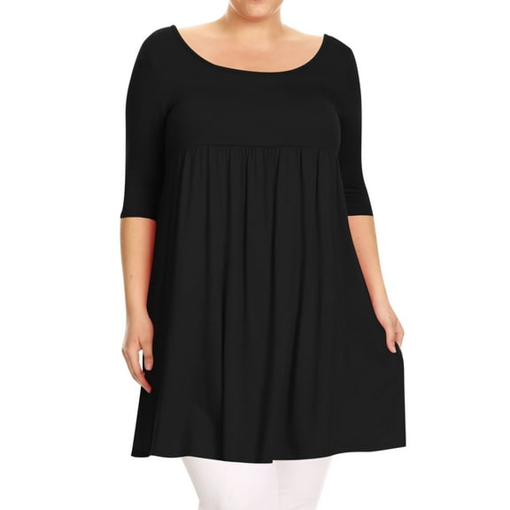 Women's Plus Size Babydoll Tunic Top Dress 3/4 Sleeves Scoop Neck
