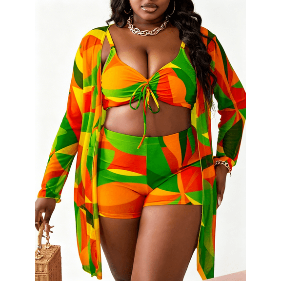 Women's Plus Size 3-Piece Abstract Print Swimsuit with Drawstring Tankini Top, High-Waisted Boyshort Bottom, and Sheer Kimono Cover-Up, Modest Tummy Control Swimwear for Beach Pool Vacation